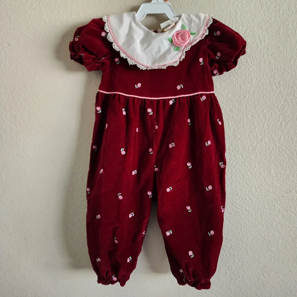 Red Velvet Baby Romper with Floral Embroidery